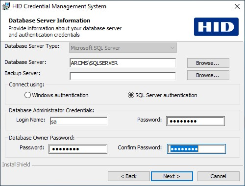 HID Credential Management System Database Server Information dialog box with the various fields completed with information based on a Microsoft SQL Server